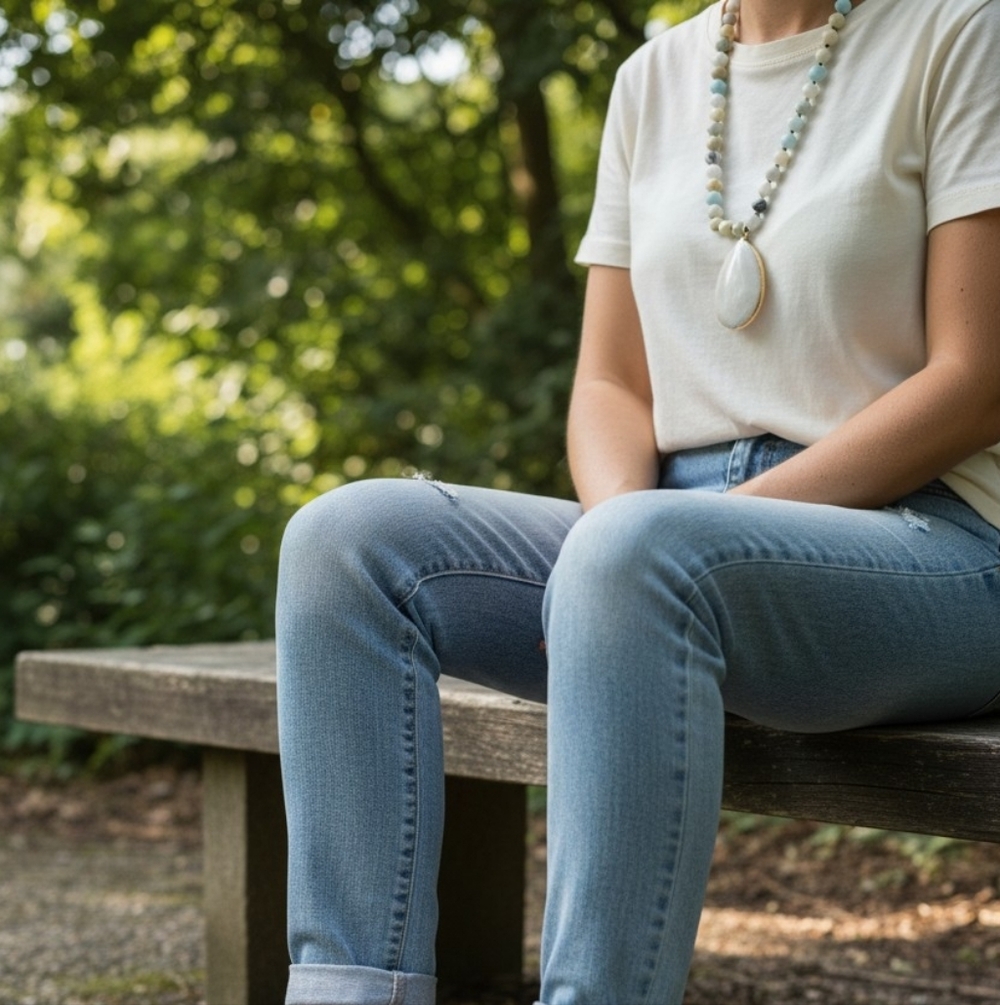 ​Unisex White Howlite Teardrop Pendant Mala Necklace - Amazonite & Jasper Beads - Picture 3 of 3